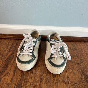 Golden Goose Kids Dirty White Green May Distressed Leather Platform Sneakers